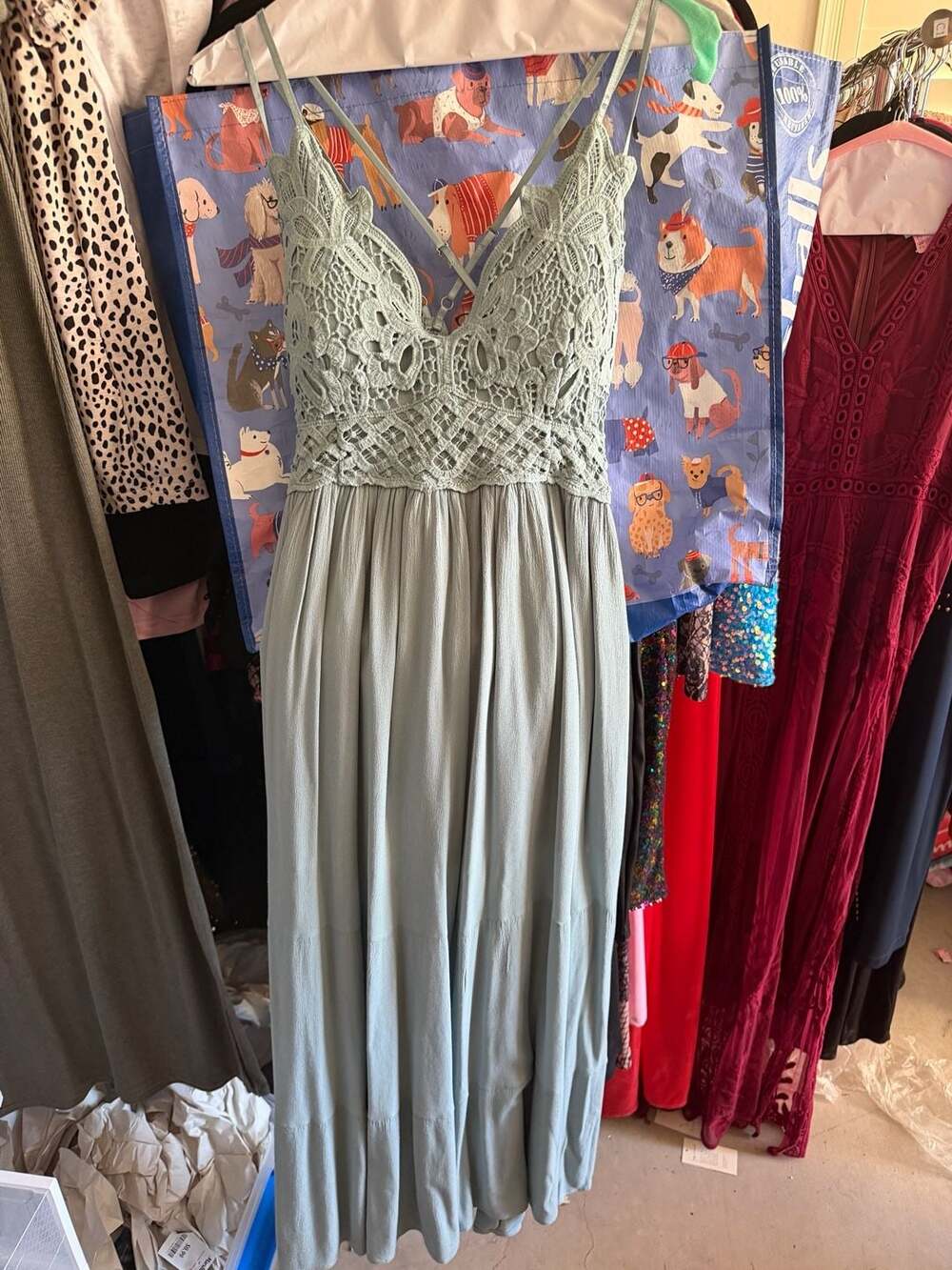 Blue B Collection Sage Green Crochet Bodice Spaghetti Strap Maxi Dress